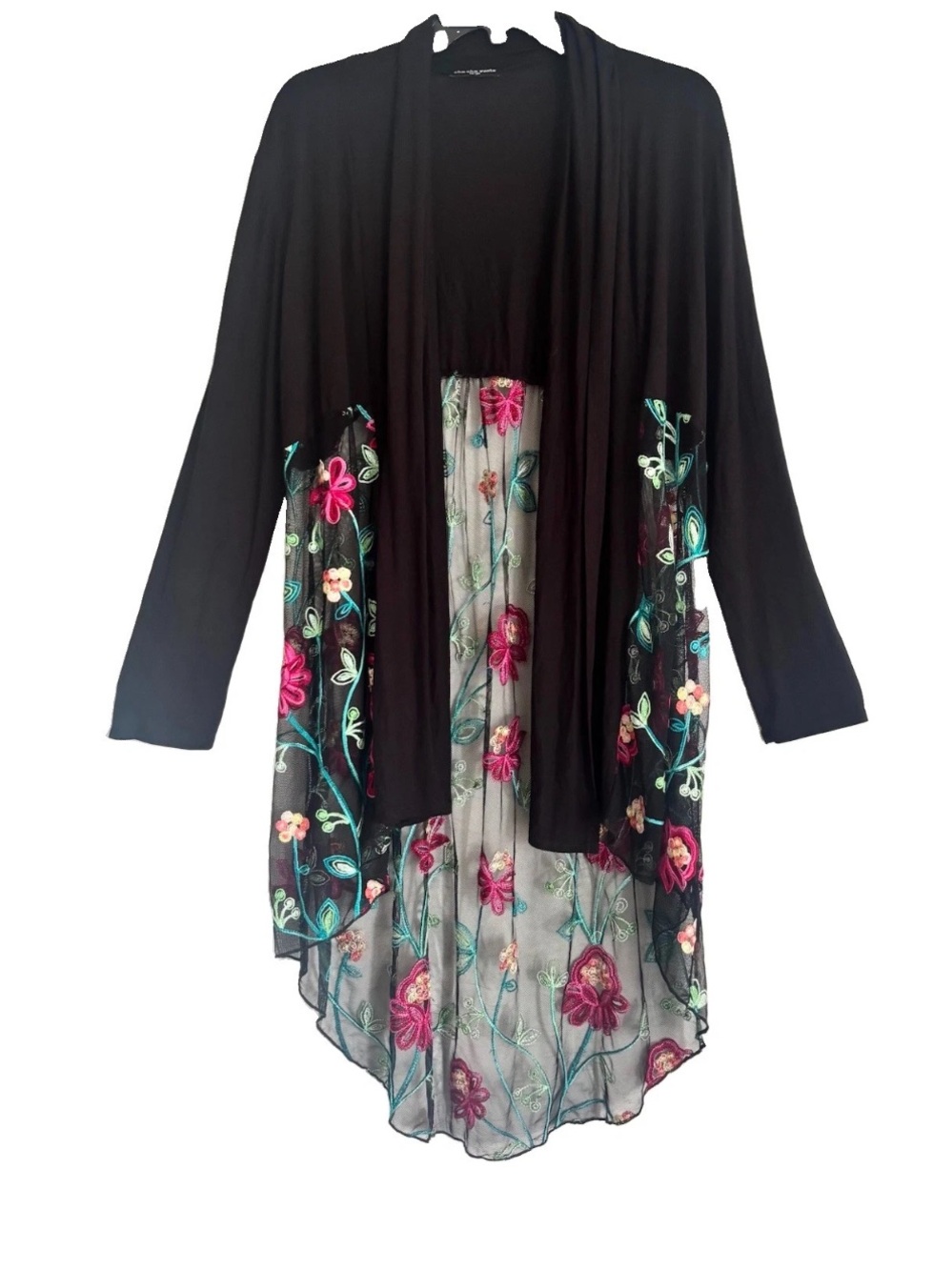 cha cha vente Boho Black Mixed Media Floral Mesh Embroidered Cardigan